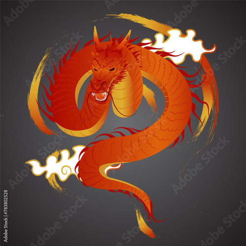 Vector illustration of a red dragon with gold ink splatter art around it