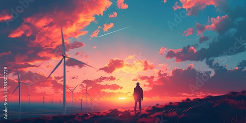 Lone Worker Inspecting Turbines of Wind Farm at Dramatic Sunrise Representing Sustainable Energy Shift