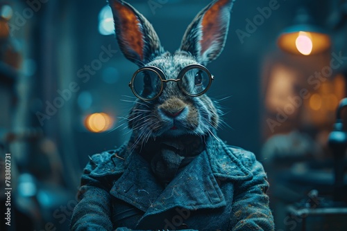 A cool rabbit styled in a distinctive steampunk costume poses confidently with vintage glasses in a moody setting © Larisa AI