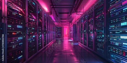 Illuminated Racks of Servers in a Futuristic Data Center the Physical Backbone of the Digital Age
