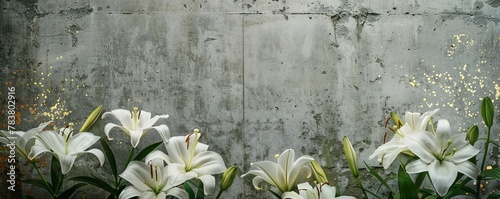 White lilies against concrete wall panorama