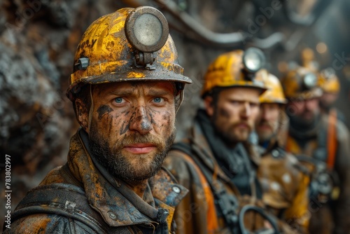 A compelling shot of three serious-faced miners standing in a mine with their protective gear © Larisa AI