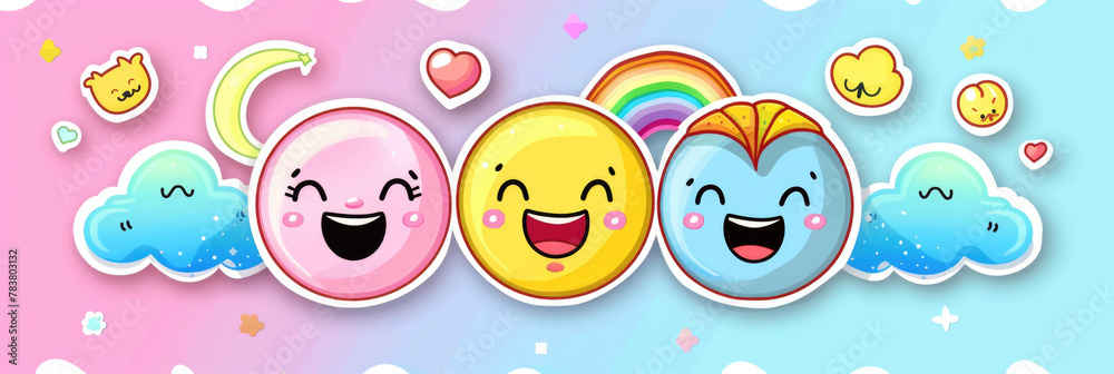 Cartoon faces of a sun, rainbow, and cloud express happiness against a playful, pastel-colored backdrop with cute accents