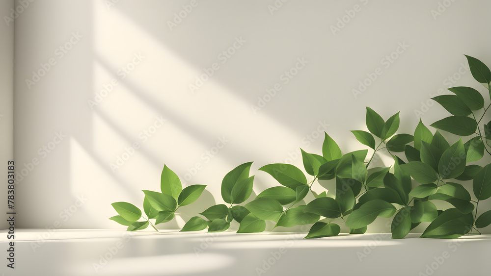 A refreshing image of leaves on an ivory wall, sunlight and leaf shadows. A refreshing image of leaves on an ivory wall, sunlight and leaf shadows.
