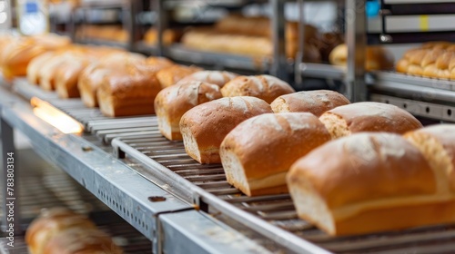 Fresh bread loaves on conveyor belt in bakery