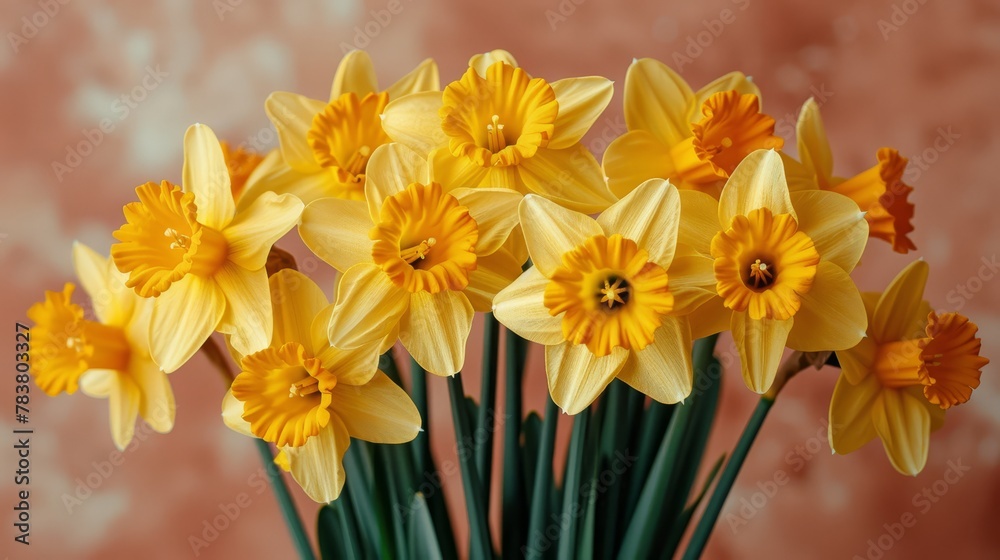   A vase filled with yellow daffodils sits atop a table, adjacent to a wall