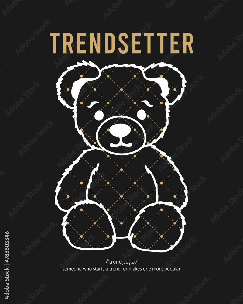 Obraz premium Bear doll line art t-shirt design and pattern with dots and dotted line, slogan - trendsetter. Typography graphics for tee shirt with bear. Vector illustration.