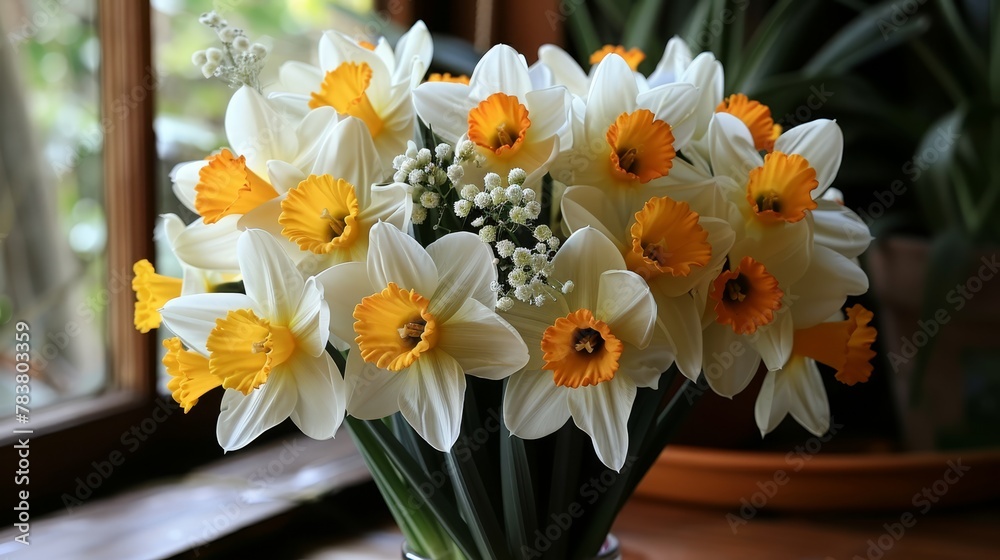 Naklejka premium A vase holds yellow and white blooms atop a wooden table Nearby, a green potted plant stands