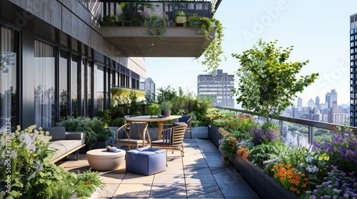 A lush rooftop garden in an urban highrise, blending nature with city living