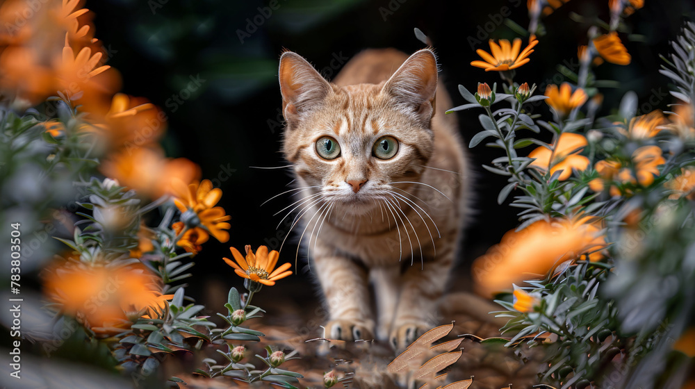 A tight shot of a cat among a blooming field of flowers, its face subtly softened by blur A tight shot of a cat among a blooming field of flowers, its face subtly softened by blur