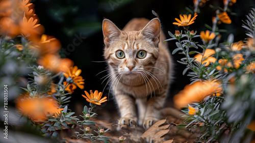   A tight shot of a cat among a blooming field of flowers, its face subtly softened by blur © Igor