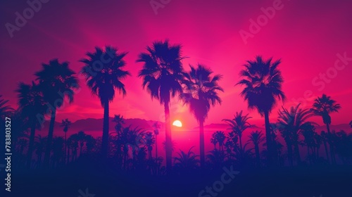Tropical sunset silhouette with palm trees © Denys