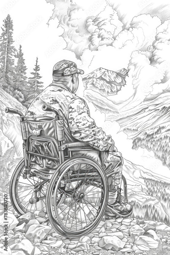Naklejka premium A contemplative man sits in a wheelchair, taking in the expansive view of towering mountains and a tranquil landscape