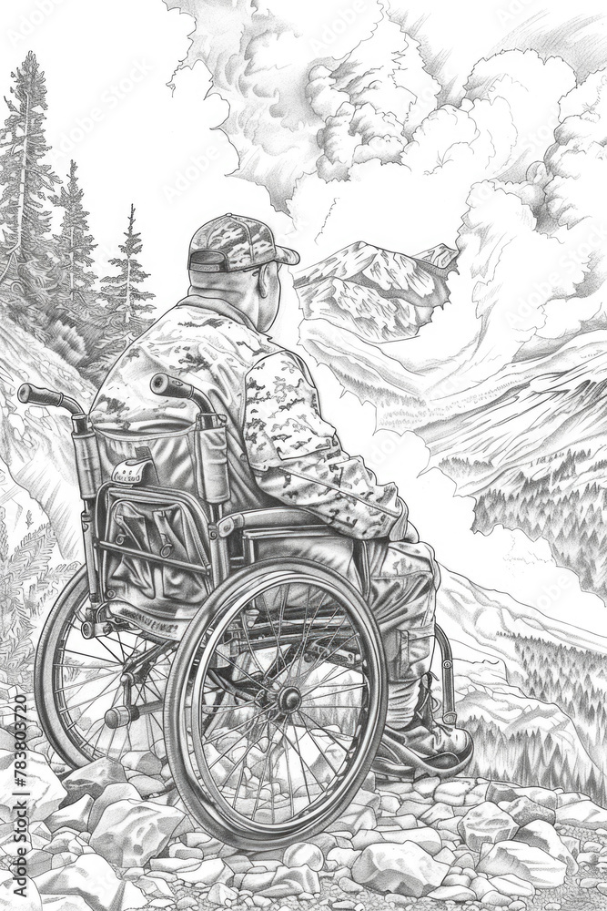 A contemplative man sits in a wheelchair, taking in the expansive view of towering mountains and a tranquil landscape A contemplative man sits in a wheelchair, taking in the expansive view of towering mountains and a tranquil landscape