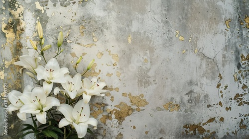 White lilies against weathered wall texture © Denys