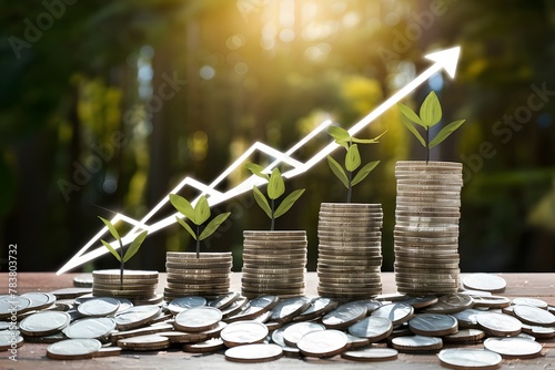 Coins pile on growth graph, prosperous business investments concept
