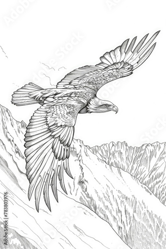 An eagle soars gracefully over a rugged mountain range, displaying its magnificent wingspan against the backdrop of rocky peaks