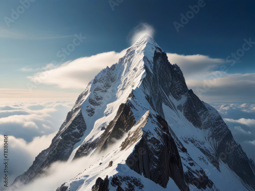 Snow-white beautiful mountain peaks in clouds