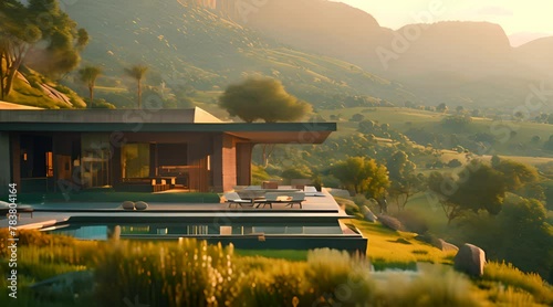Modern House at Sunset, contemporary home nestled in lush mountains at sunset, with a stunning infinity pool reflecting the warm glow of the evening ligh photo