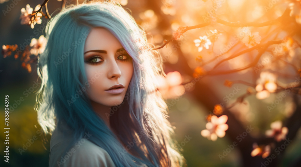 A woman with red eyes, blue hair, model-like features, long hair, Standing in a serene cherry blossom garden, sunlight filtering through the petals, creating a soft glow around her