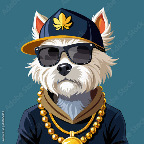 a west highland terrier dog dressed as a rapper with backwards baseball cap, sunglases and many gold chains (not pearls) and rings.