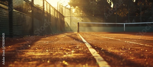 Golden rays of sunrise beam down on a clay tennis court, highlighting the texture and creating a peaceful atmosphere. photo