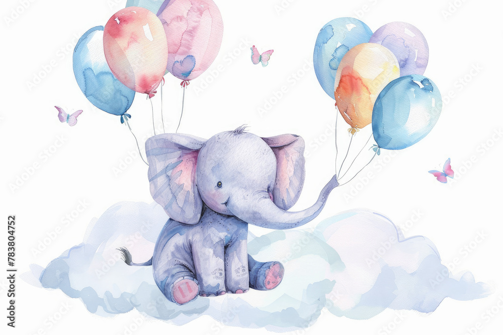 Watercolor of a baby elephant and balloons sitting on a cloud on white ...