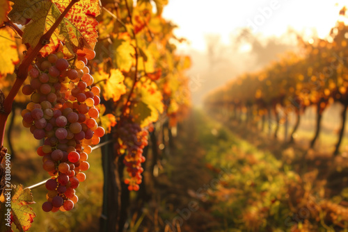 Vineyard in Golden Hour Light with Ripe Grapes Ready for Harvest