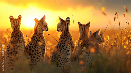 Serval family in the savanna with setting sun shining. Group of wild animals in nature. © linda_vostrovska