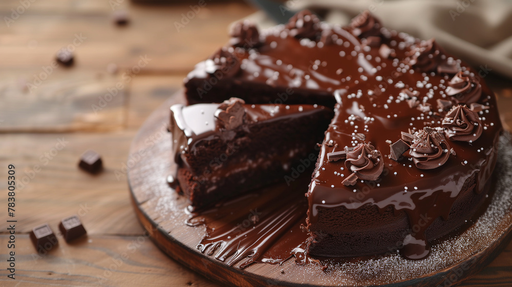 Chocolate cake slice with coffee beans on a white plate Chocolate cake slice with coffee beans on a white plate