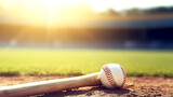 Baseball sport equipment background banner - Closeup of baseball, baseball and baseball bat on matchfield