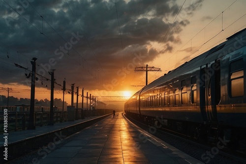 shot of a railway station with the train during the sunrise