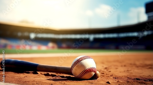 Baseball sport equipment background banner - Closeup of baseball, baseball and baseball bat on matchfield