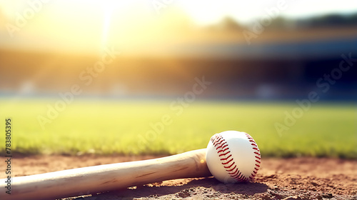 Baseball sport equipment background banner - Closeup of baseball, baseball and baseball bat on matchfield photo