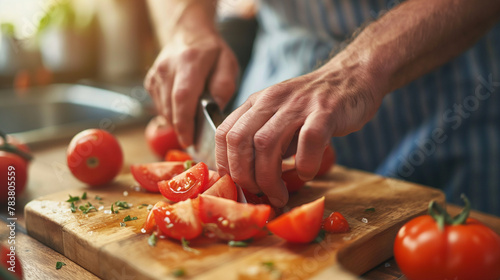 a closeup ultra realistic image of a white man hand chopping tomatos on a kitchen wooden chopping board in a bright day light environment.