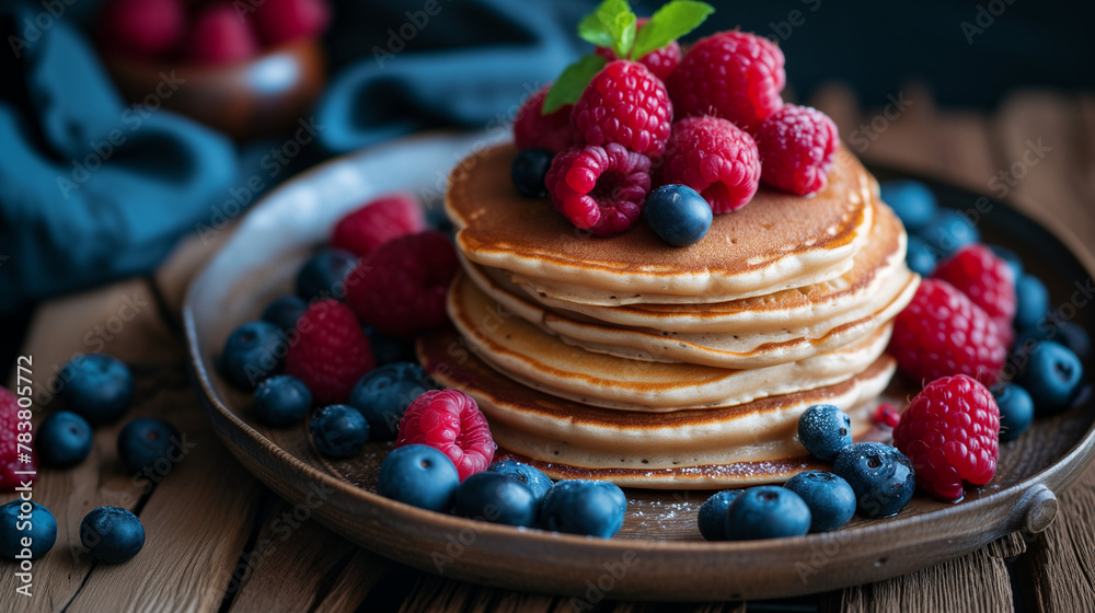 Stack of homemade pancakes topped with honey and chocolate syrup on a white plate with butter, a sweet morning treat Stack of homemade pancakes topped with honey and chocolate syrup on a white plate with butter, a sweet morning treat