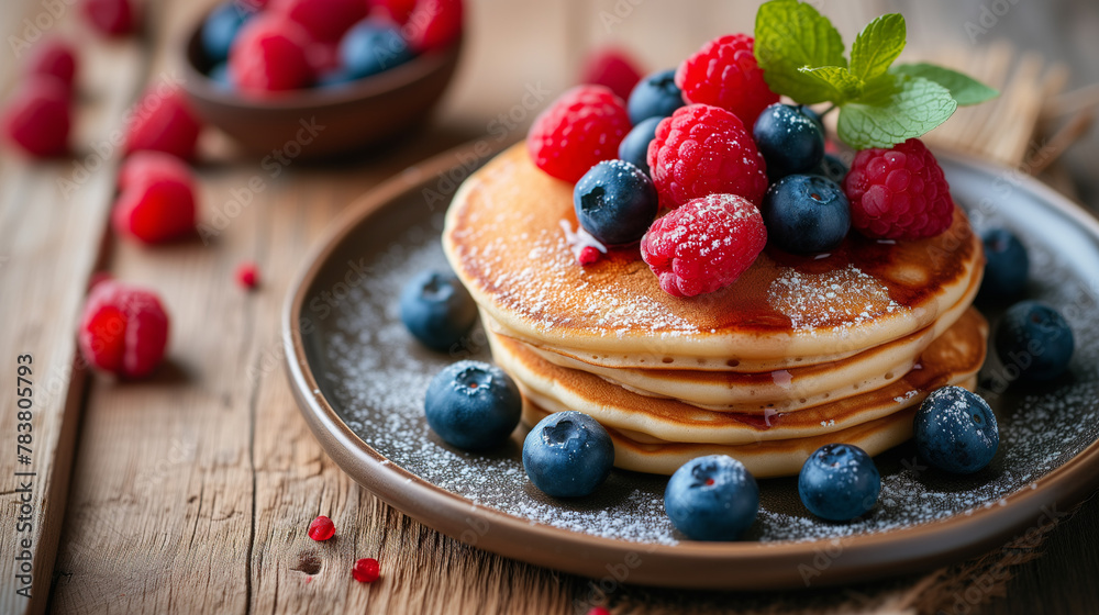Stack of homemade pancakes topped with honey and chocolate syrup on a white plate with butter, a sweet morning treat Stack of homemade pancakes topped with honey and chocolate syrup on a white plate with butter, a sweet morning treat