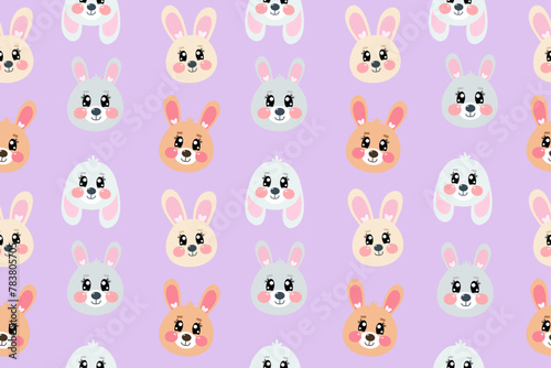 Seamless pattern with kawaii cute happy sweet face, head of bunny, hare, rabbit face for children, kids, baby isolated on purple background  © Olga Voron