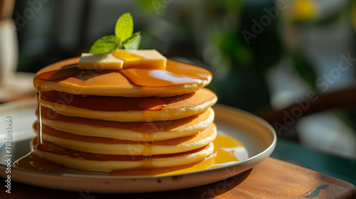 Stack of homemade pancakes topped with honey and chocolate syrup on a white plate with butter, a sweet morning treat