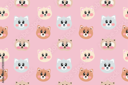 Seamless pattern with cute kawaii cat, kitty, kitten face or head for nursery, print or textile for kids on light soft baby pink background