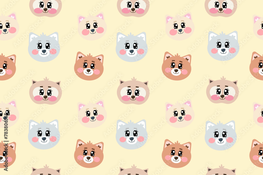 Seamless pattern with cute kawaii cat, kitty, kitten face or head for nursery, print or textile for kids on light soft yellow background