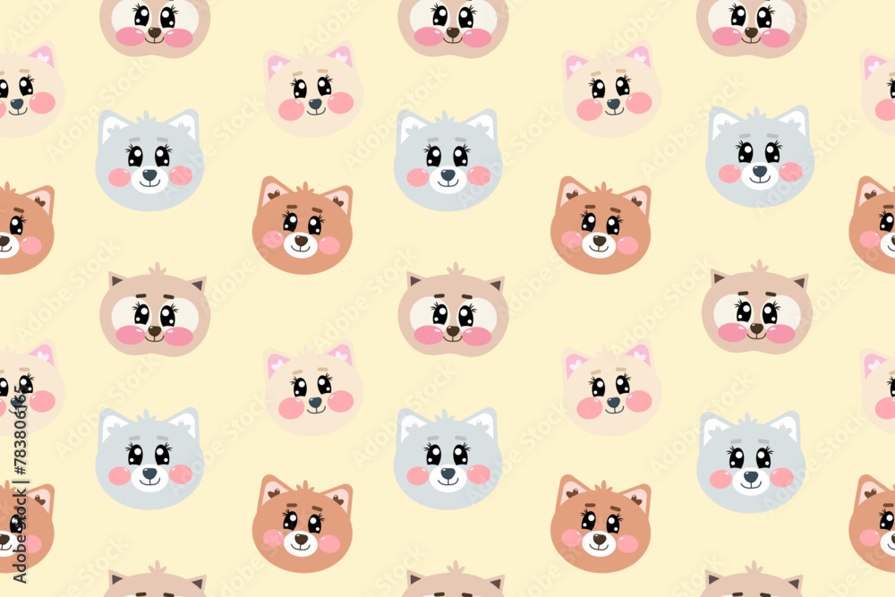 Seamless pattern with cute kawaii cat, kitty, kitten face or head for nursery, print or textile for kids on light soft yellow background Seamless pattern with cute kawaii cat, kitty, kitten face or head for nursery, print or textile for kids on light soft yellow background