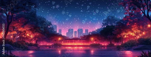 Holiday event with music festival in city park at night. Dark urban public garden landscape with fireworks over stage for concert. Cartoon vector illustration of scene for outdoor entertainment