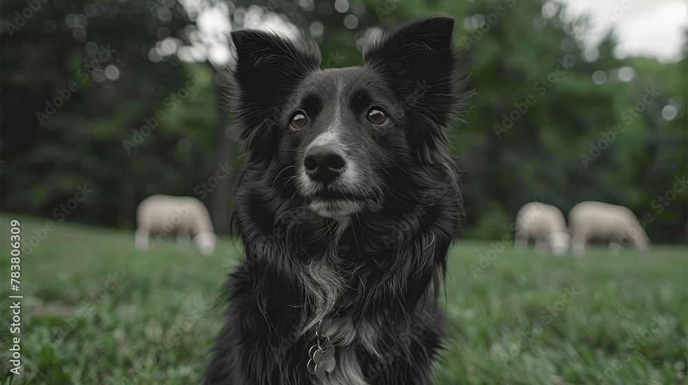   A tight shot of a dog in a lush grass field Sheep herd in the distant background