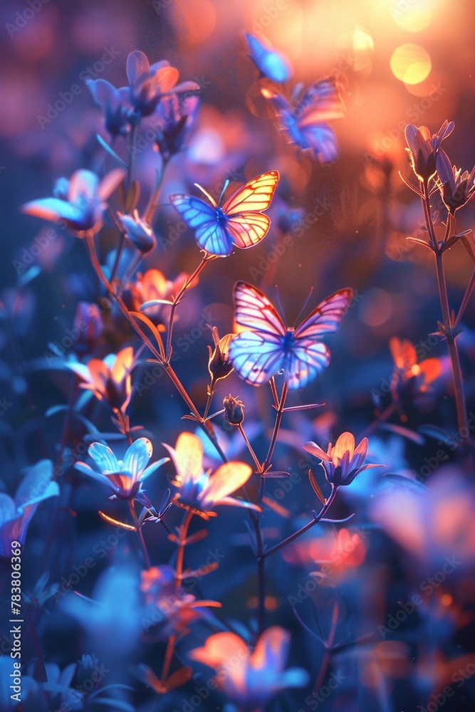 create this landscape  The background radiates a magical ambiance Sunset Iridescent butterflies 