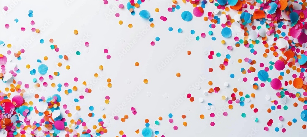 White blank banner with colorful confetti on a white background. Celebration card template design. Happy birthday or party invitation greeting festive party background. White blank banner with colorful confetti on a white background. Celebration card template design. Happy birthday or party invitation greeting festive party background.