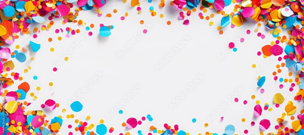 White blank banner with colorful confetti on a white background. Celebration card template design. Happy birthday or party invitation greeting festive party background. White blank banner with colorful confetti on a white background. Celebration card template design. Happy birthday or party invitation greeting festive party background.