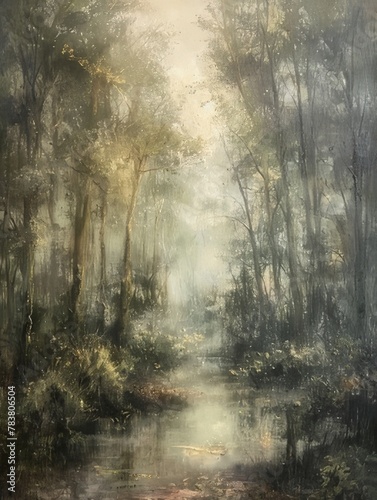 Fog-Enshrouded Forestscape Painting