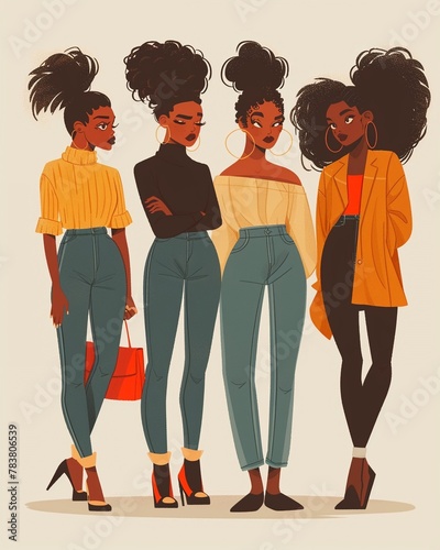 illustration of wide angle full length four faceless minimalist African american women with varying skin tones and hairstyles  photo