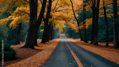 "Exploring the Autumn Wonderland: A Scenic Drive Through the Enchanting Forest, Where Vibrant Trees Adorn the Roadside with Golden Leaves, Creating a Picturesque Landscape that Captures the Essence 